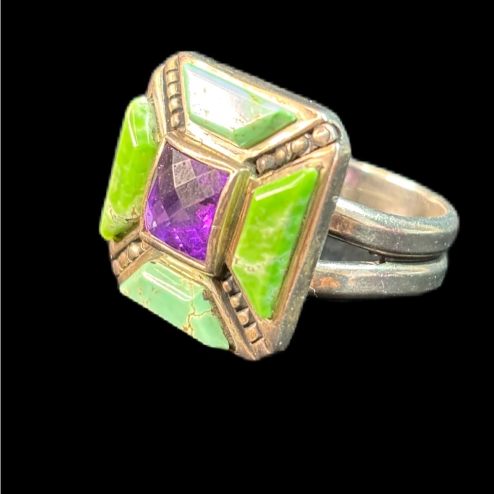 Artisan .925 Silver Ring with Green Turquoise and Purple Amethyst